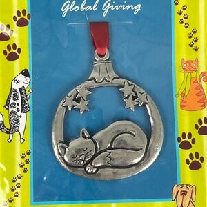 Basic Spirit‎ Pewter Sleeping Cat Christmas Tree Ornament Handcrafted New NIP